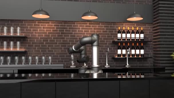 バーカウンターではロボットアームがビールを注ぎ出します — ストック動画