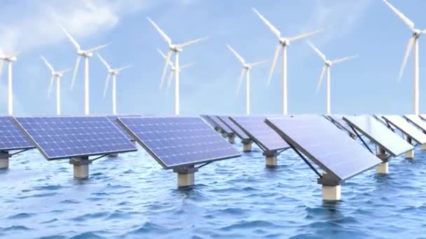 Zonnepanelen Het Water Met Windmolens Helder Energieconcept — Stockvideo