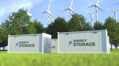 Yel değirmenleri, güneş ve rüzgar enerjisi kavramına sahip enerji deposu