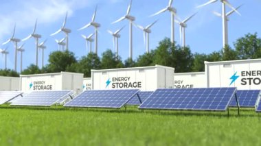 Yel değirmenleri, güneş ve rüzgar enerjisi kavramına sahip enerji deposu