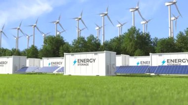 Yel değirmenleri, güneş ve rüzgar enerjisi kavramına sahip enerji deposu