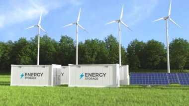 Yel değirmenleri, güneş ve rüzgar enerjisi kavramına sahip enerji deposu