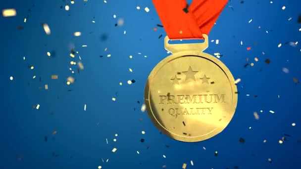 Золота Медаль Синьому Фоні Конфетті — стокове відео