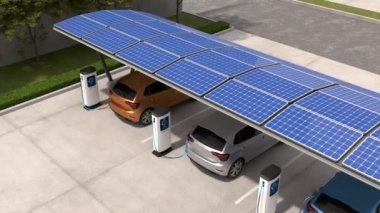 Elektrikli arabalar, güneş paneli enerjisi, EV şarj istasyonu ve temiz enerji doldurma teknolojisiyle dolu araç parkında şarj ediliyor..
