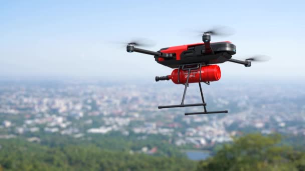 Conceito Drone Combate Incêndios Fogo Extinção Com Drone Voando Céu — Vídeo de Stock