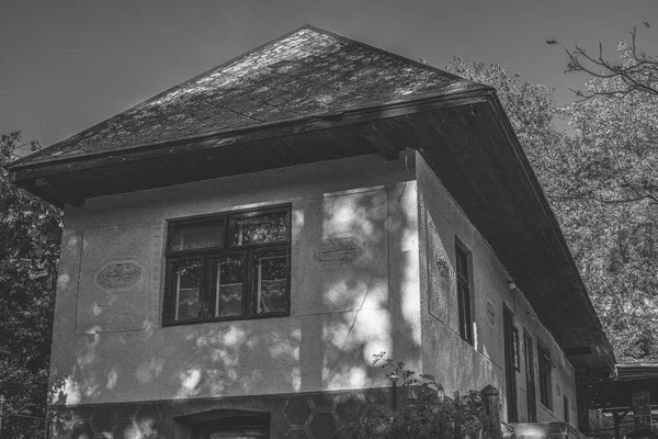 Фасад Старого Крестьянского Дома Осенью Черно Белая Фотография Высокое Качество — стоковое фото