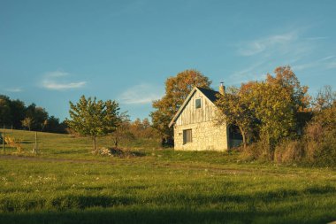 Yeşil çayırdaki ev doğayla çevrili. Sonbaharda kırsal alan. Yüksek kalite fotoğraf