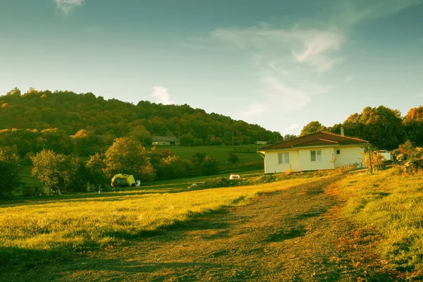 Casa Sul Prato Verde Immerso Nella Natura Paesaggio Rurale Autunno — Foto Stock