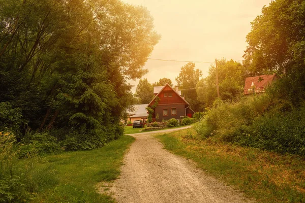 Blick Auf Holzhaus Wunderschöner Naturumgebung Hochwertiges Foto Stockbild