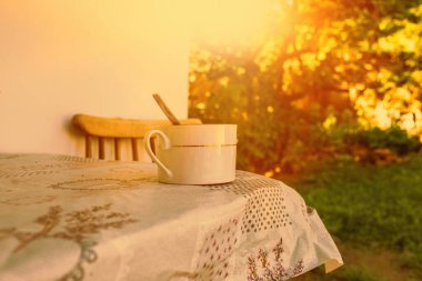 Bahçede sabah kahvesi, yaz mevsimi. Yüksek kalite fotoğraf