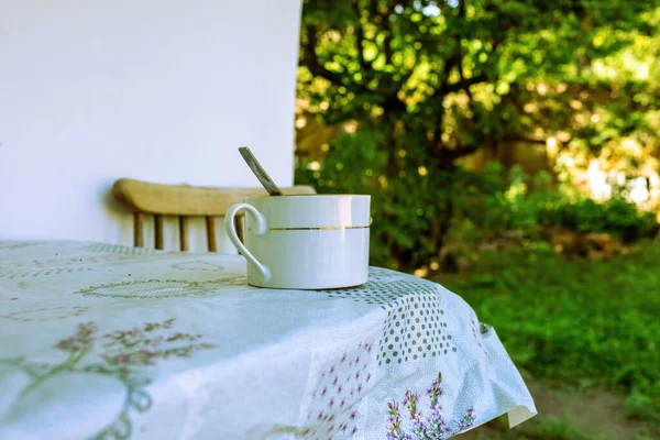 Morning coffee in the garden,summer season. High quality photo