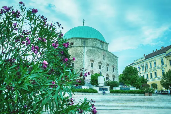 Pecs, Macaristan - 15 Ağustos 2023: Ana meydandaki cami manzarası. Yüksek kalite fotoğraf
