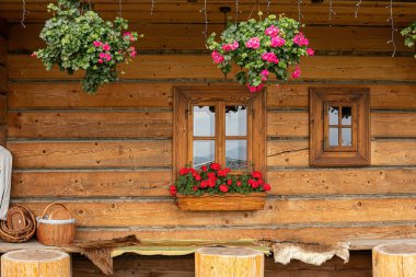 Kırmızı sardunyalarla süslenmiş eski bir penceresi olan ahşap bir evin ayrıntıları. Bir dağ kulübesinin kırsal atmosferi.