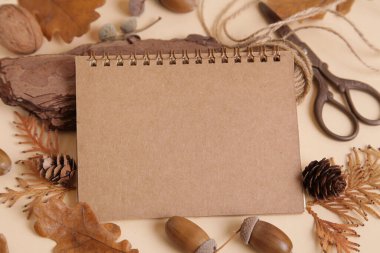 Kağıtlar boş çerçeve ve sonbahar yaprakları arka plan. Sonbahar modeli. Sonbahar kompozisyonu, sonbahar konsepti. Düz konum, üst görünüm ve boşluk kopyala.