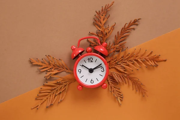 Autumn Season Time Vintage Alarm Clock Dry Fall Leaves Orange — Stock Photo, Image