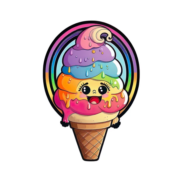 Cartoon Rainbow Ice Cream in Cone on white background