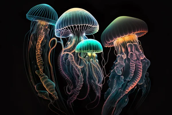 Neon Jellyfish, marine animals. digital art illustration