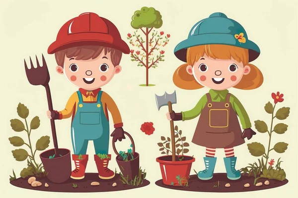 Children Gardener, Farmer Work in Garden. Harvest Tree, Planting green. Flat Cartoon Illustration