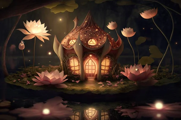 Cute Fantasy House. Fairy tale little cottage in magical forest, lake with water lily.