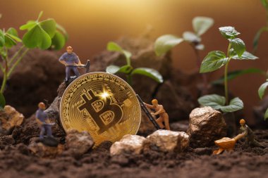 Sustainability Green Cryptocurrency Mining. Blockchain, Miner figurines digging ground to uncover big Gold bitcoin. Eco-friendly cryptocurrencies. clipart