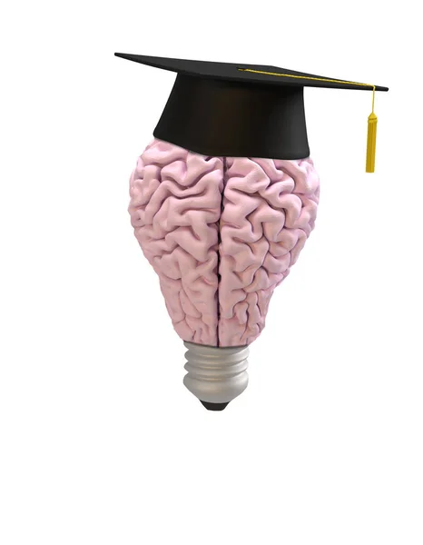 白色背景下教育帽的灯泡形大脑 — 图库照片
