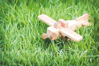 Yeşil Çimlerde El Yapımı Ahşap Oyuncak Uçak Çocukluk Rüyaları ve Maceraları
