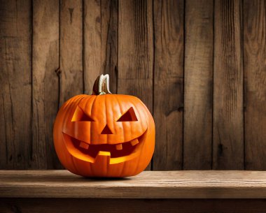 Cadılar Bayramı Kutlaması için Rustik Ahşap Masa 'ya oyulmuş Jack-O' Lantern.