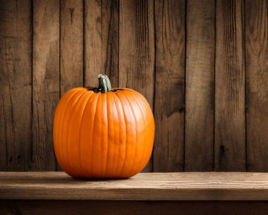 Doğal Ahşap Arkaplanlı Kırsal Ahşap Yüzeyde Tek Turuncu Balkabağı