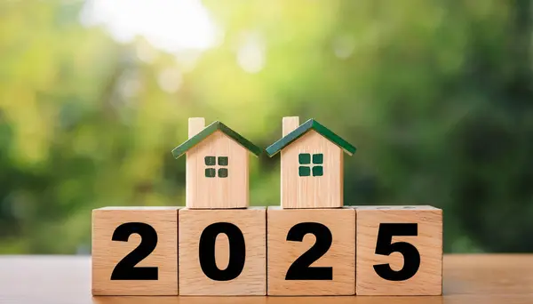 stock image 2025 Housing Development and Growth: Wooden Blocks with Small House Models