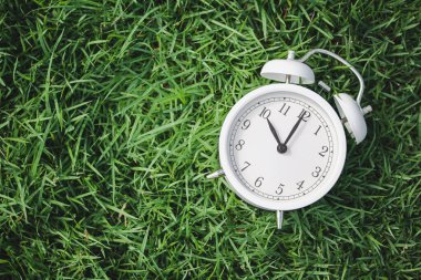 Yeşil Çimenler üzerindeki Beyaz Alarm Saati Zaman Yönetimi ve Doğal Sükuneti Temsil Ediyor