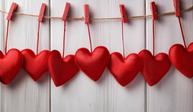 Kırmızı Kumaş Kalpler Ahşap Klipslerle Çamaşır ipinde Asılı