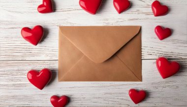 Sevgililer Günü için Beyaz Tahta Arkaplanda Kırmızı Kalpli Kahverengi Zarf