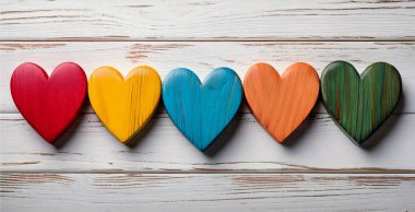 Kırsal Beyaz Ahşap Arkaplanda Renkli Tahta Kalpler