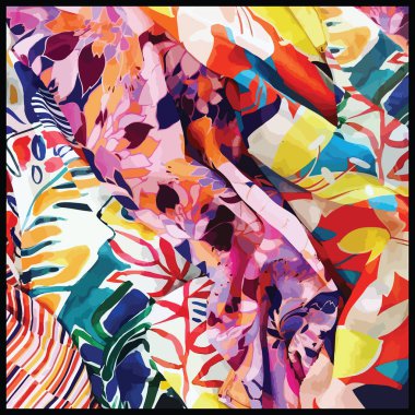 Renkli çiçek sanatı. Karışık yüzey arka planı. Moda dijital baskı. Kumaş, eşarp, fular, tekstil, tasarım, tuval, afiş, kapak, kart, duvar kağıdı için. harika illüstrasyon resmi