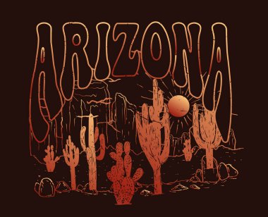 Arizona kaktüs retro sanat eseri. Çöl macerası tişörtü tasarımı. Çöl titreşimleri, giysi, çıkartma, poster, arkaplan ve diğerleri için vektör grafik baskı tasarımı. Çiçek, ağaç.