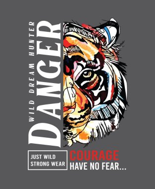 Tehlikeli kaplan vahşi, güçlü grafik baskı tasarımı. Vektör çizimi. Erkek, kadın ve çocuklar için grafiksel tişört.