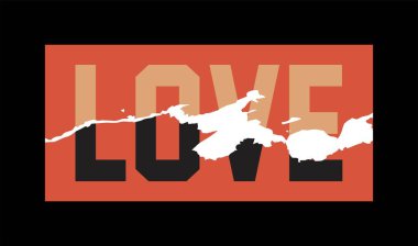 Siyah arka planda kırılan aşk sloganı. Mor çatlamış çıkartma. Grafik baskı tasarımı. t-shirt, sweatshirt, kart, poster, afiş, vektör illüstrasyonu için