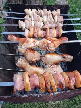 Izgarada kızarmış tavuk şişleri.