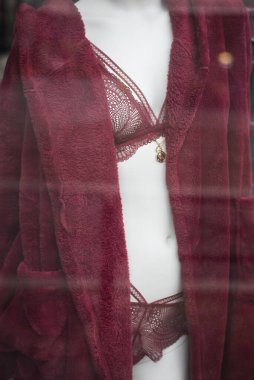 Moda mağazasının vitrininde kırmızı iç çamaşırına yakın çekim.