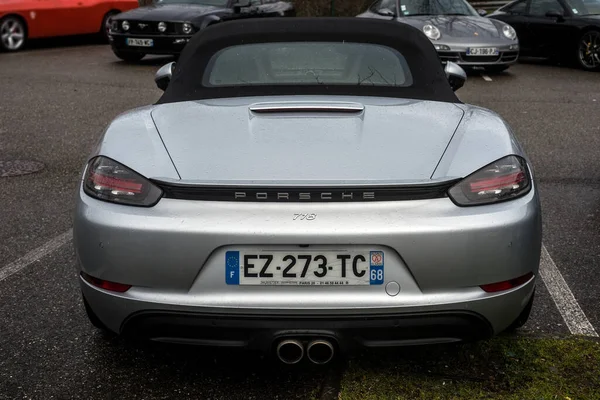 Mulhouse France March 2023 Rear View Grey Porsche 718 Parked — Stock Photo, Image