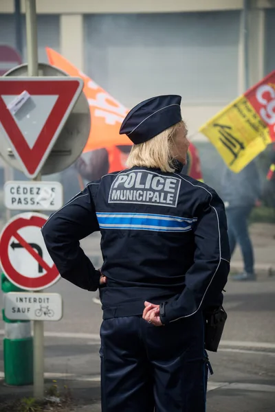 Mulhouse France April 2023 Portrait Back View French Policewoman Standing — Stock Photo, Image
