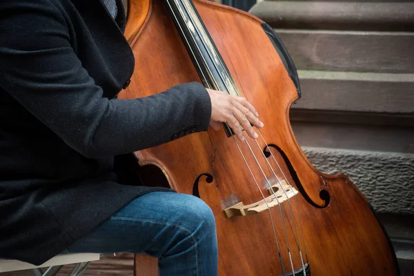 Primo Piano Del Musicista Che Suona Con Contrabbasso Strada — Foto Stock