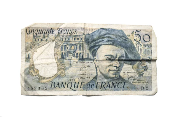 Zbliżenie Vintage Banknot Pięćdziesiąt Franków Białym Tle — Zdjęcie stockowe