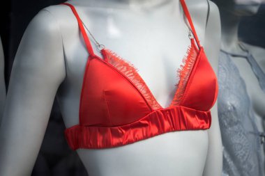 Moda mağazasının vitrininde turuncu sütyene yakın çekim.