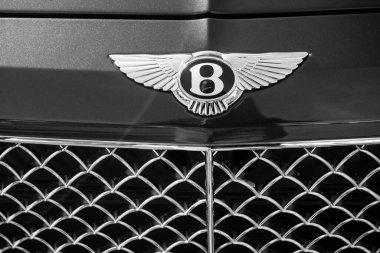 Mulhouse - Fransa - 8 Ekim 2023 - Bentley logosunun caddeye park edilmiş ön vagona yakın çekimi