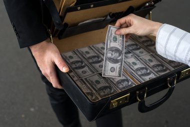 Bir bavulda banknot tutan bir kadının eli.