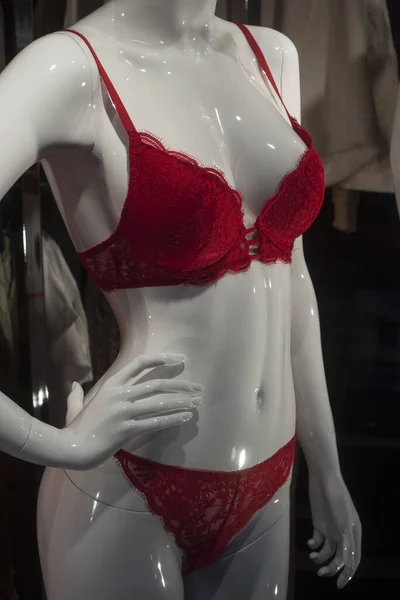 Closeup of red underwear on mannequin in  a fashion store showroom