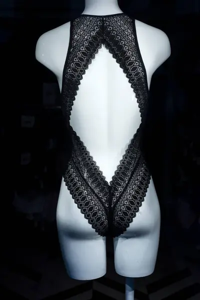 Closeup of black underwear on mannequin in a fashion store showroom