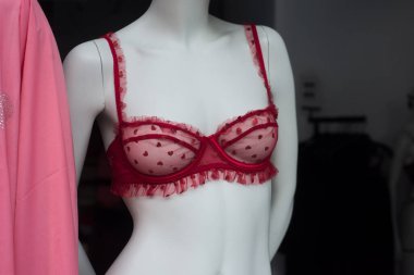 Moda mağazasının vitrininde üzerinde küçük kalpler olan kırmızı iç çamaşırlarına yakın çekim.