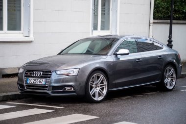 Mulhouse - Fransa - 25 Şubat 2024 - Gri Audi S5 'in caddeye park edilmiş ön görüntüsü